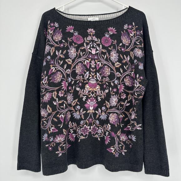 J. Jill Sweaters - J Jill Sweater Womens Medium Petite Black Floral Jacquard Pullover Boho Knit